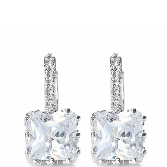 Jewelry - + White Gold Plated  Square Drop CZ Diamond Earrings
